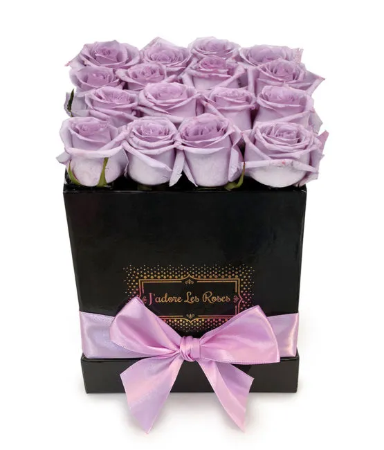 purple roses in black small box