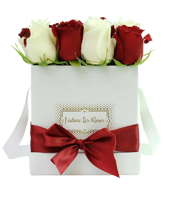 red and white roses in white box