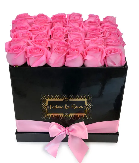 pink roses in black medium box