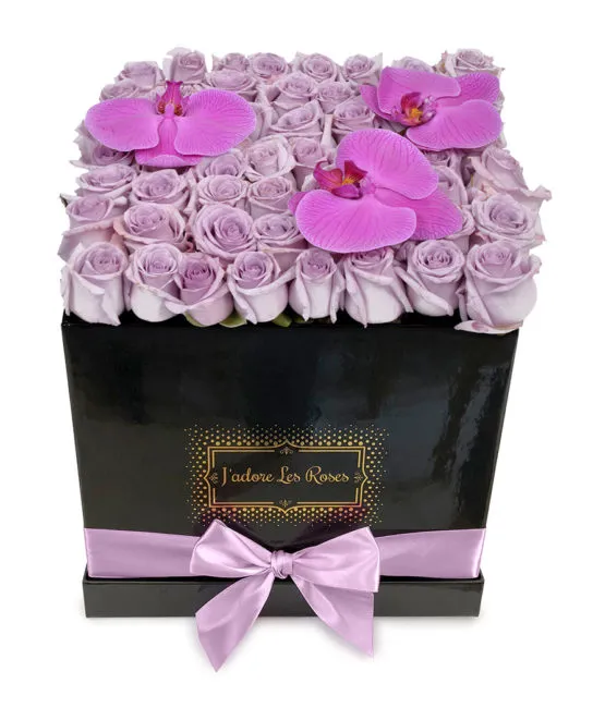 purple roses with orchid in black medium box