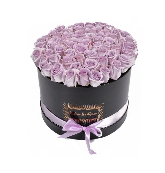 purple roses in black round box