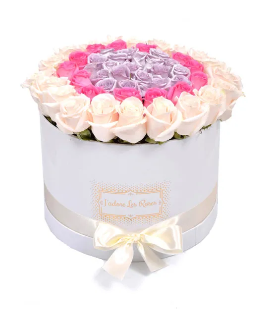 pink cream purple roses in white round box