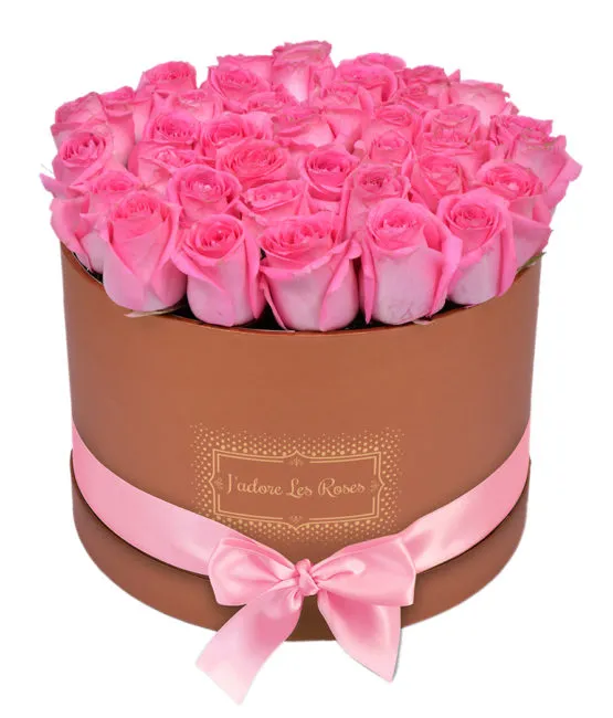 pink roses in bronze round box