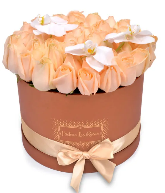 peach roses with orchid in bronze round box