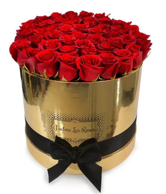 red roses in gold round box