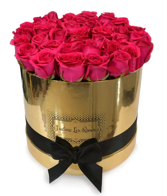 fuchsia roses in gold round box