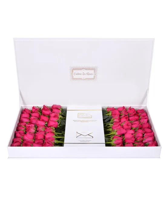 fuchsia roses in large box