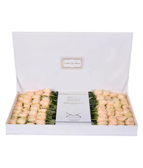 peach roses in white large box