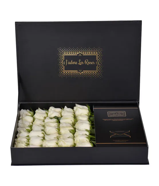 cream roses in black small box