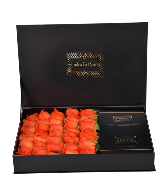 orange roses in black small signature box