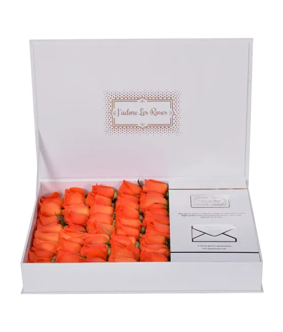 orange roses in white small box