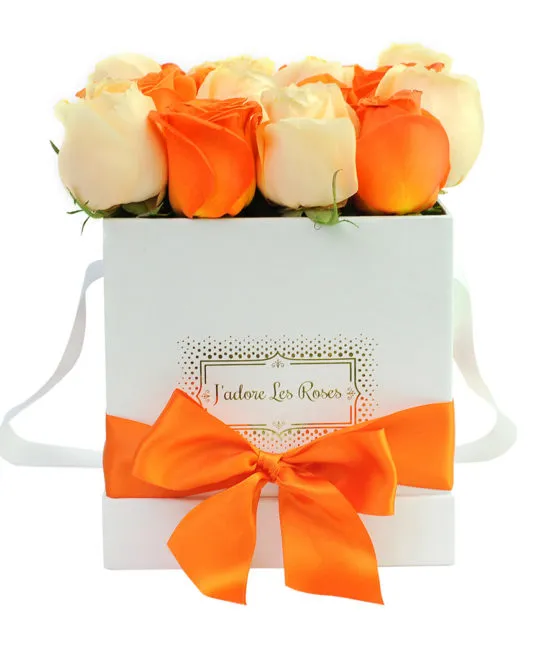 peach and orange roses in white box
